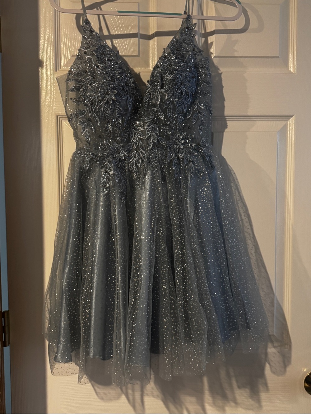 Sparkle Embroidered V-Neck Mini Dress - slate blue Gray